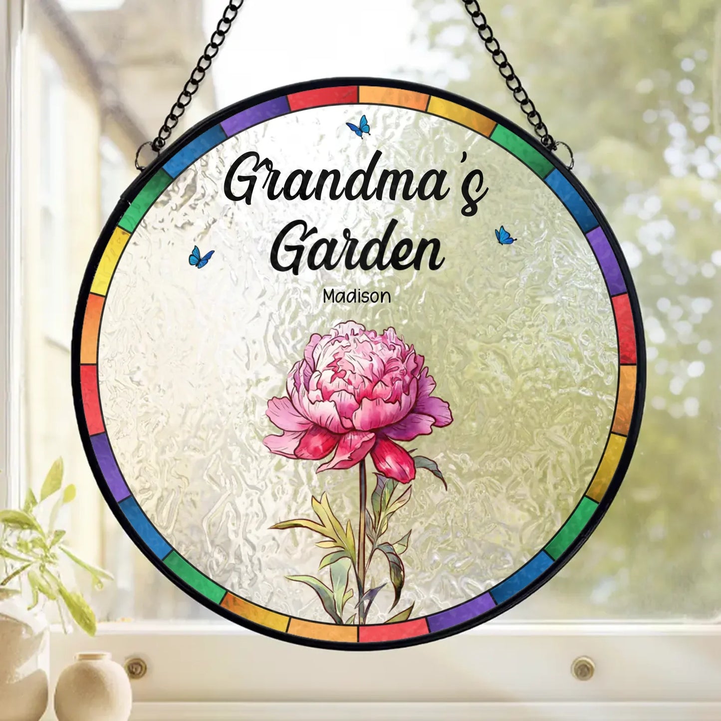 A Grandma¡¯s Garden Is Where Love Grows - Family Personalized Custom Stained Glass Window Hanging Suncatcher - Mother's Day, Gift For Mom, Grandma